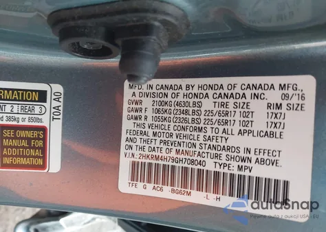 2016 Honda Cr-V Ex-L from USA, damaged, VIN 2HKRM4H79GH708040